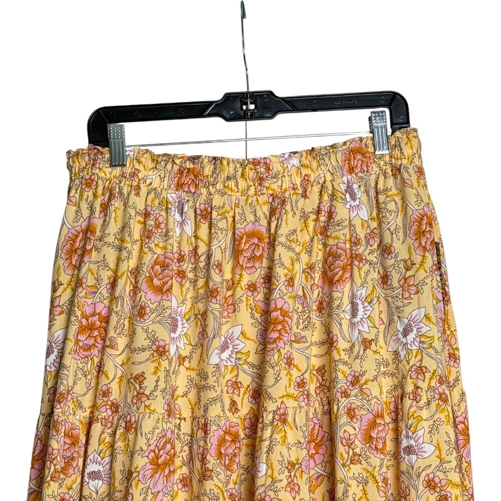 ZESICA XL Boho Floral Maxi Skirt Yellow Pink Border Print Rayon Tiered - Picture 7 of 9